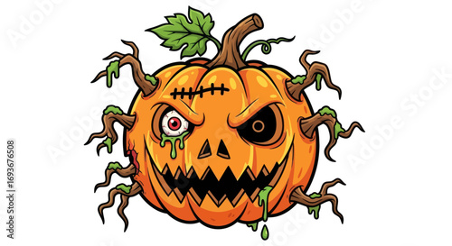 Spooky Halloween Jack-o-lantern with Vines and Stitches.