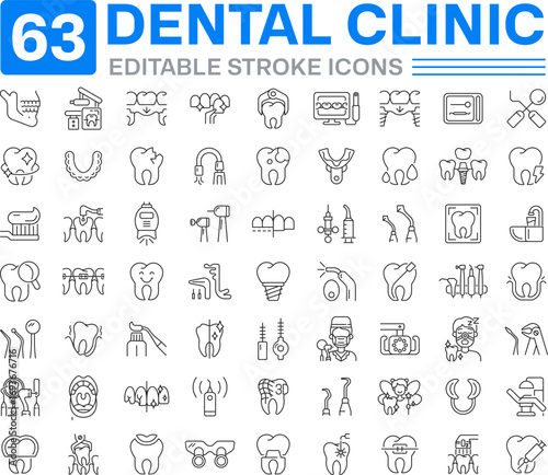 Dental clinic line icons big set. Oral health, cosmetic dentistry. Professional medical service. Teeth treatment iconset outline pictograms. Isolated linear vector illustrations. Editable stroke