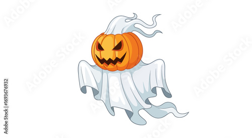 Spooky Cartoon Ghost with Jack-o-Lantern Head.