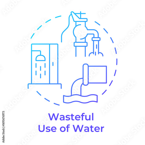 Wasteful use of water blue gradient concept icon. Careless consumption problem. Cause of freshwater scarcity. Round shape line illustration. Abstract idea. Graphic design. Easy to use in booklet