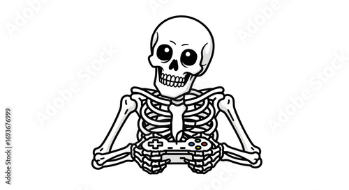 Cartoon skeleton holding a video game controller with a playful expression.
