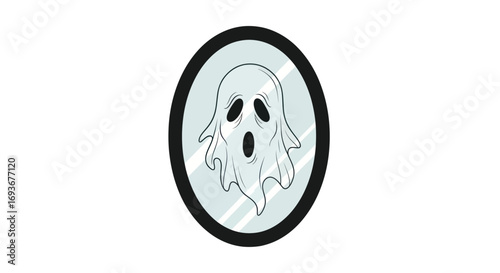 Cartoon Ghost Icon in Black Oval Frame with Spooky Expression.