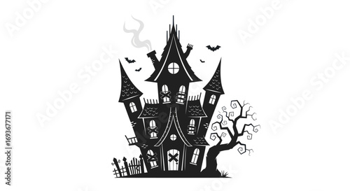 Spooky black silhouette of a haunted house with tall spires, flying bats, and a graveyard.