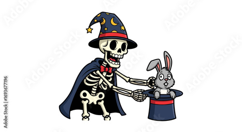 Cartoon Skeleton Magician Pulling Rabbit from Hat.