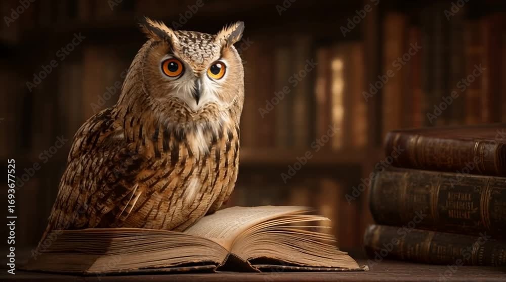 custom made wallpaper toronto digitalOwl sitting on open book in vintage library surrounded by old books representing knowledge wisdom learning and classic literature education concept