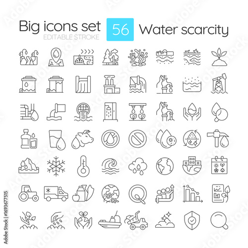 Water scarcity line icons set. Critical global issue. Freshwater sources lack. Environmental care importance. Isolated vector outline illustrations. Thin lineart iconset symbols. Editable stroke