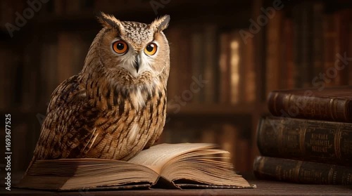 Wallpaper Mural Owl sitting on open book in vintage library surrounded by old books representing knowledge wisdom learning and classic literature education concept
 Torontodigital.ca