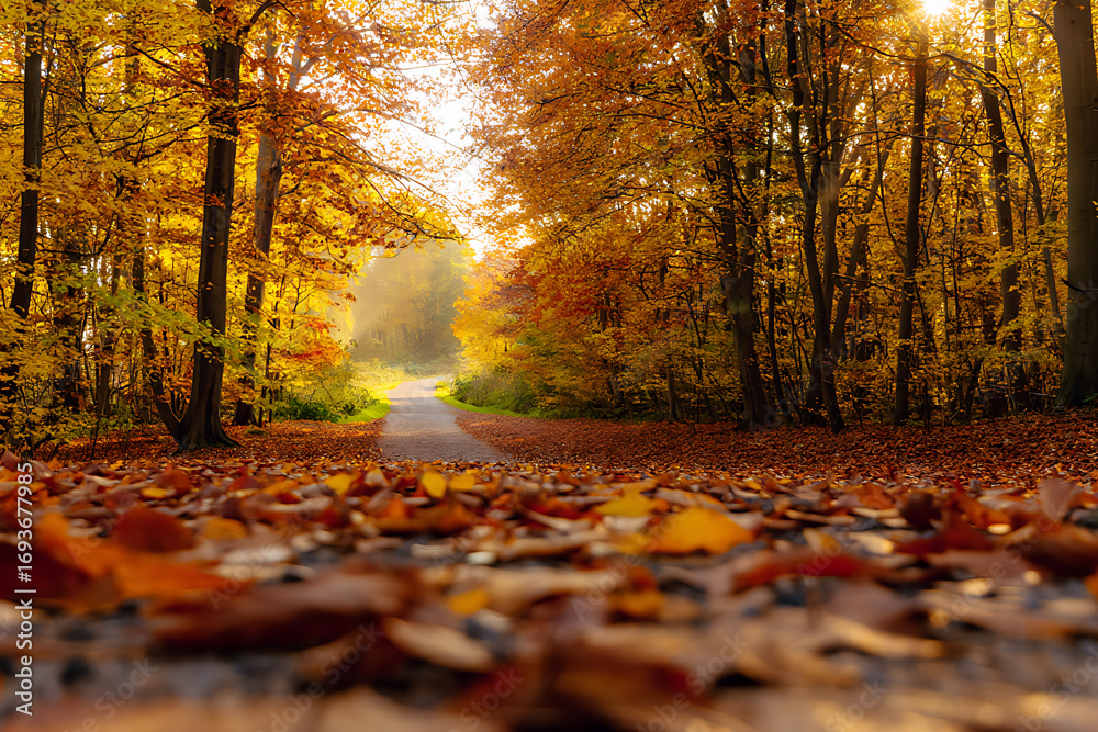 Obraz premium A winding path through a golden autumn forest is covered with fallen leaves.