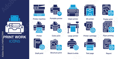 Print Work icon set. Containing print, work, technology, digital, office, and more. Solid vector icons collection. Vector illustration.