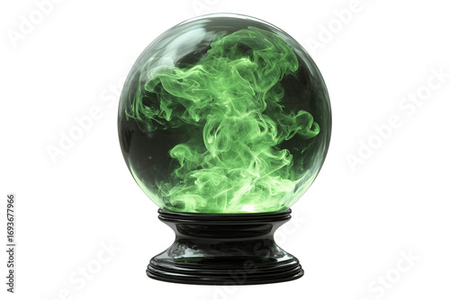A Halloween witch’s crystal ball glowing with green mist, isolated on a transparent background.