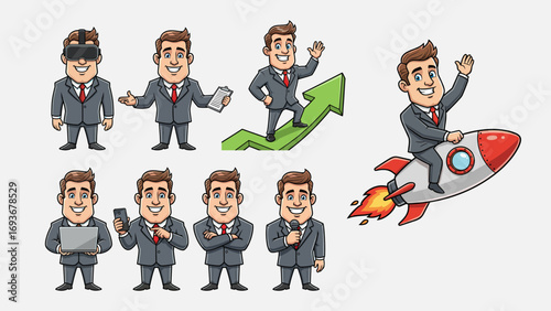 Vector cartoon illustration set of friendly business characters with different pose