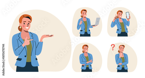 Business woman.Set Different poses.Vector flat style cartoon illustration
