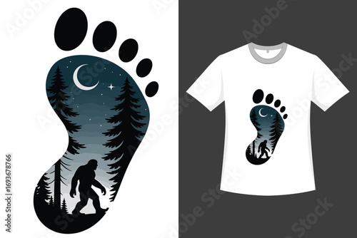 A stylized silhouette of a Bigfoot footprint, with a night scene of a forest and a crescent moon within the imprint.