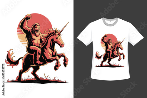 A powerful gorilla, depicted in a stylized, graphic art style, is seen astride a majestic unicorn.