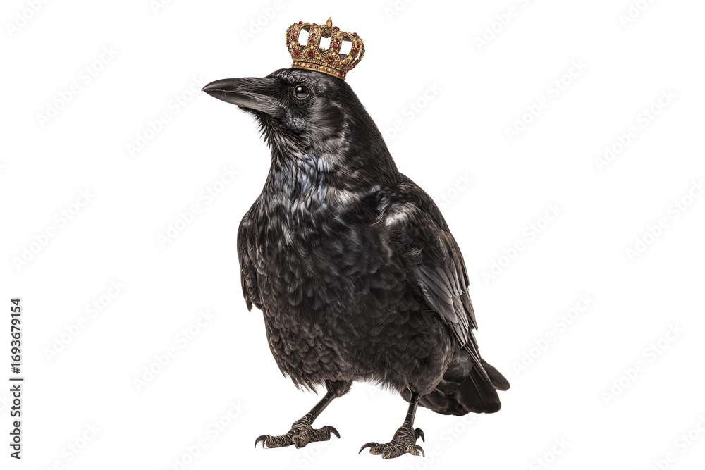 Fototapeta premium A Halloween raven wearing a crown, isolated on a transparent background.