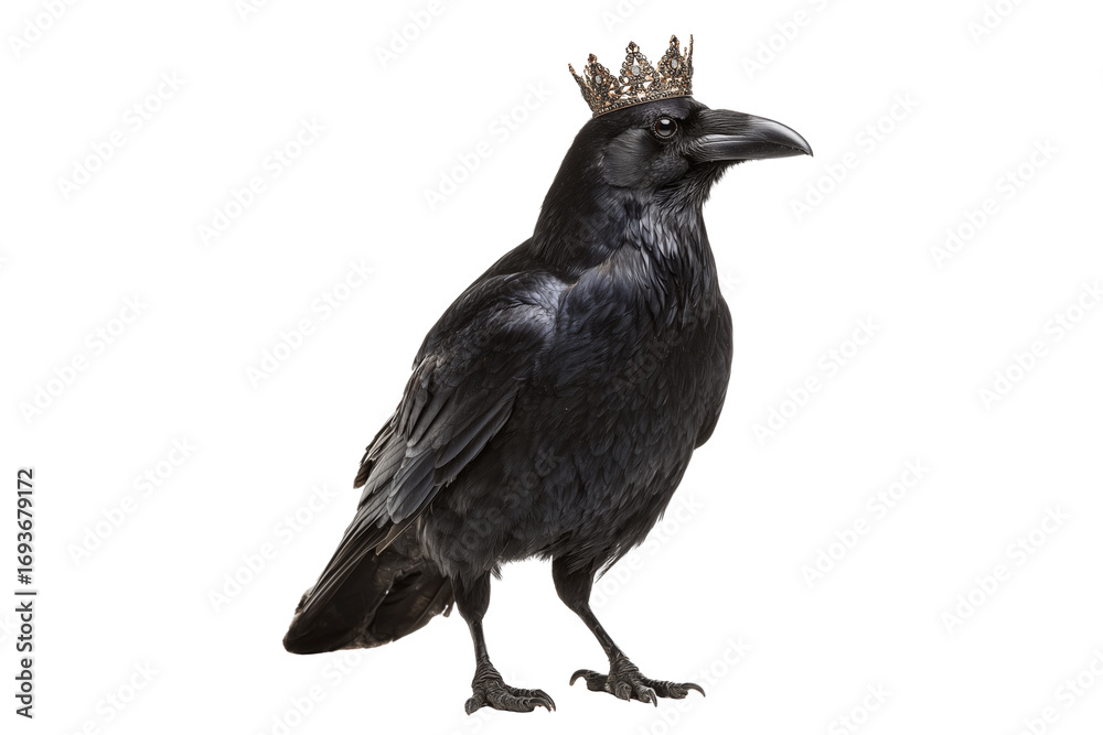Fototapeta premium A Halloween raven wearing a crown, isolated on a transparent background.
