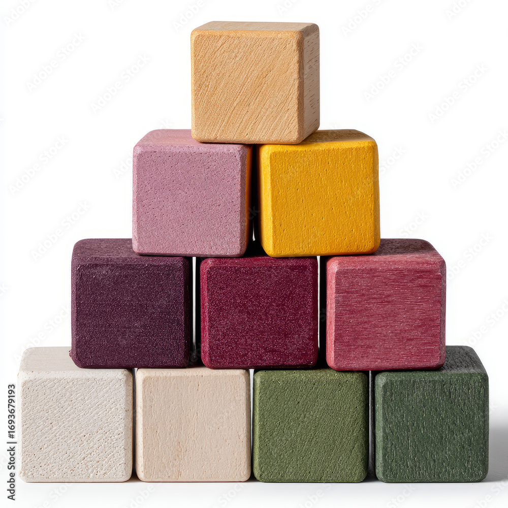 Fototapeta premium Colorful stacked wooden blocks in a pyramid shape.