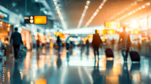 Busy modern airport terminal with passengers preparing for flights during daylight hours