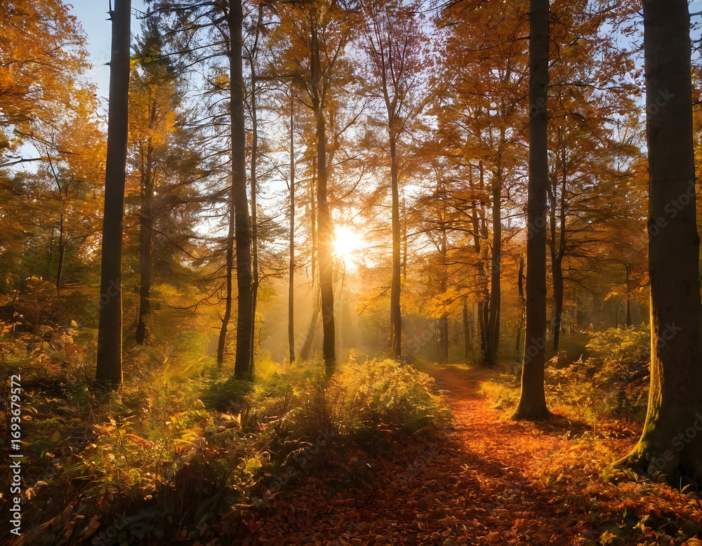 Obraz premium An autumn sunrise between a tree and over colorful flowers in a meadow.