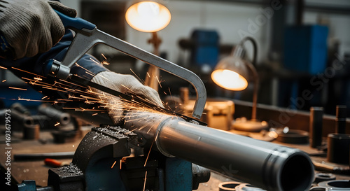Close-up of a craftsman's gloved hands using a hacksaw to precisely cut a metal pipe, sending sparks flying in a workshop