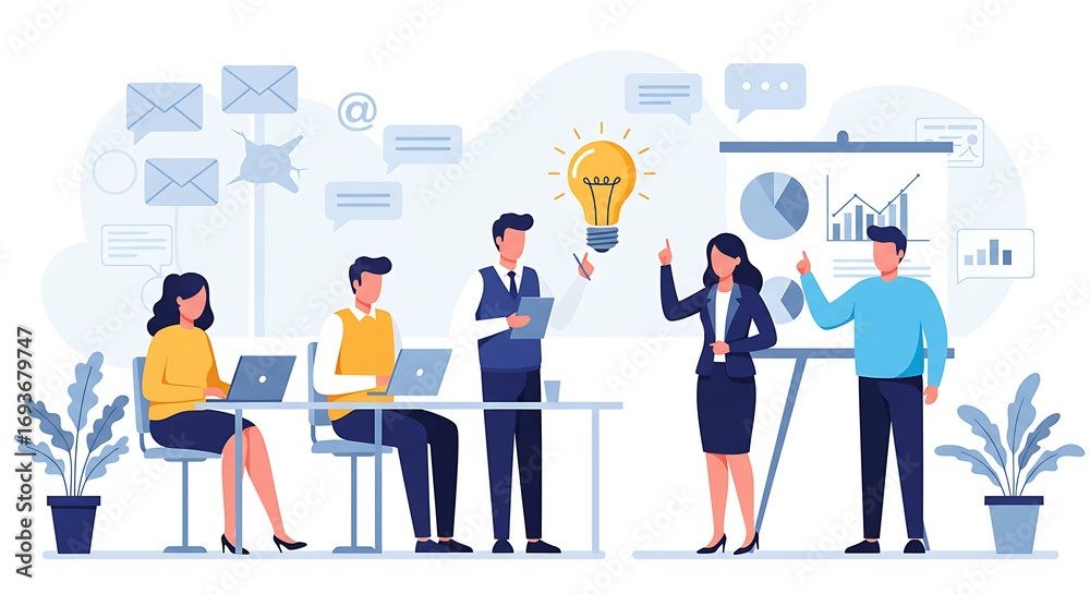Obraz premium Business Team Brainstorming and Sharing Ideas in a Meeting Room Vector Illustration