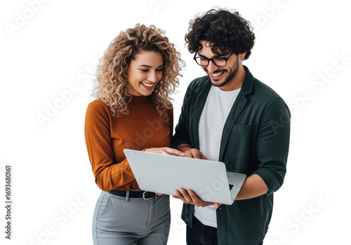 young business woman and man holding laptop and working together isolated on white or transparent background