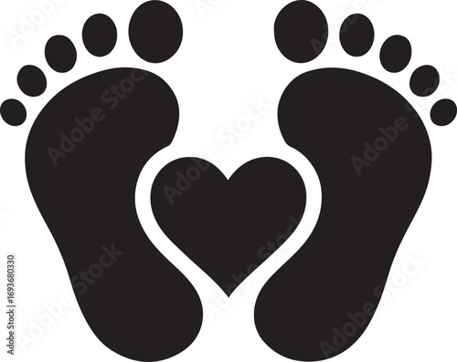 Baby Feet with Heart Symbol Silhouette Newborn Love Vector Family Parenthood Illustration Infant Footprint Design for Maternity Child Care and Baby Shower Art
