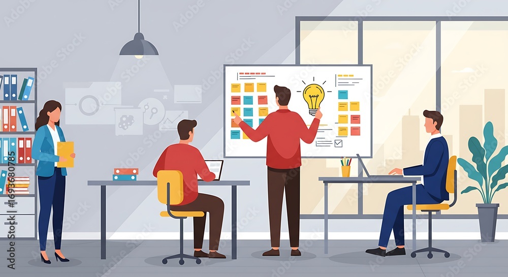 Fototapeta premium Creative team brainstorm session in modern office with whiteboard and ideas