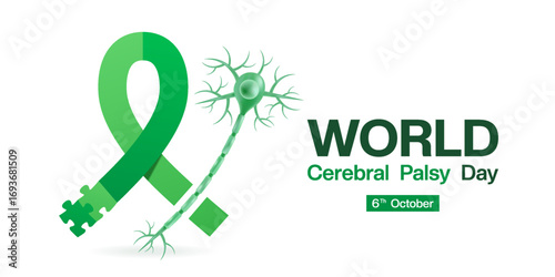 6 th October is World Cerebral Palsy Day. Ribbon and nerve. Suitable for posters, banners and social media. White background.
