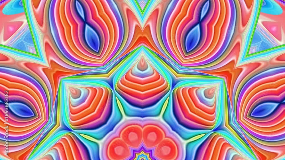 Vibrant kaleidoscopic patterns unfold from half circle bottom center. Semicircular mandala changing colors and spin. Abstract symmetrical colorful ornament transformation. 4K UHD 4096x2304