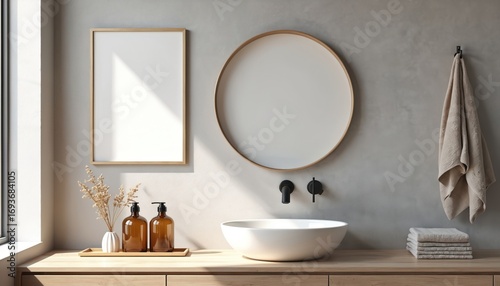 Modern bathroom mock-up featuring white vessel sink, wood vanity, gray concrete walls. Includes blank picture frames, round mirror, soap dispensers, textured towel. Natural light illuminates clean,