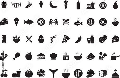 Food icon collection set containing meal restaurant dishes and fruits icons in flat black silhouette vector illustration bundle
