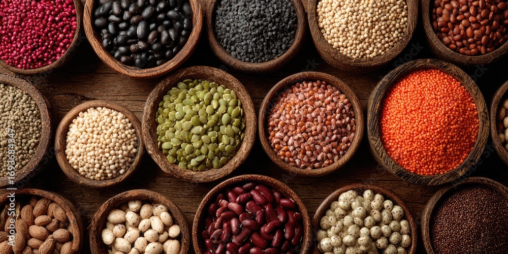 Fototapeta premium Various grains and legumes in wooden bowls