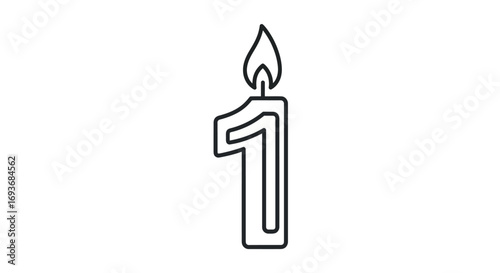 Simple line art number one birthday candle with lit flame.