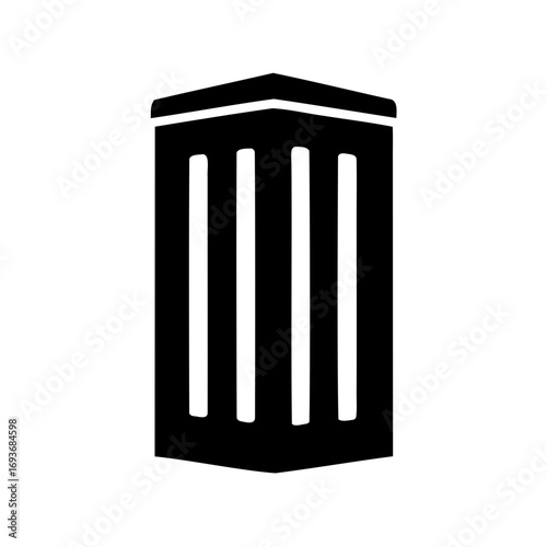 Abstract minimalist icon of a solid black trash can with vertical bars