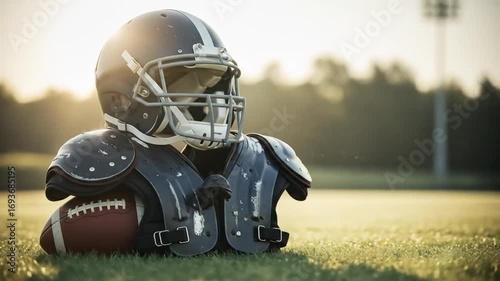 Football gear resting on the grass during sunset, showcasing the sport's equipment and serene background