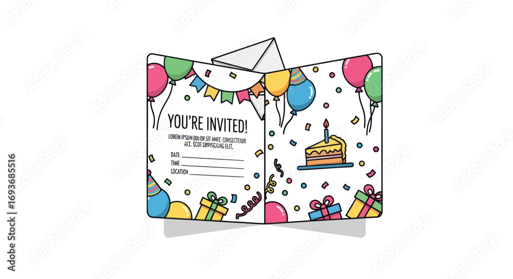 Naklejka premium Colorful Birthday Invitation Card Design with Decorations.