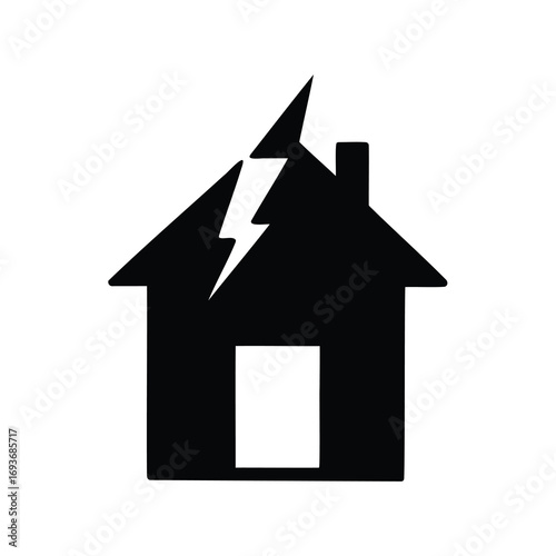 Black silhouette illustration of a house struck by lightning on white background