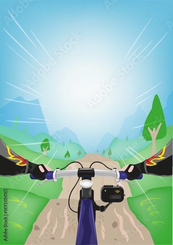 Extreme Biker Going Downhill Point of View. Clip art Illustration