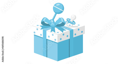 Tableau sur toile A light blue baby shower gift box with a bow, rattle, and pacifier