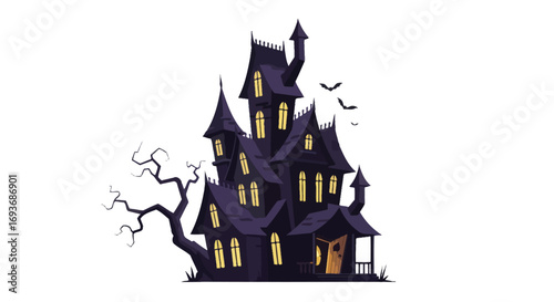 Fényképezés Spooky, dilapidated haunted mansion with glowing windows and bare trees