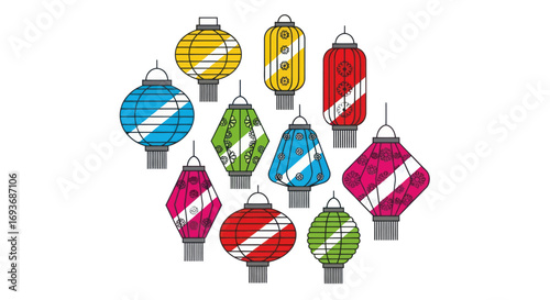 A collection of colorful illustrated paper lanterns in various shapes and sizes with white stripes.