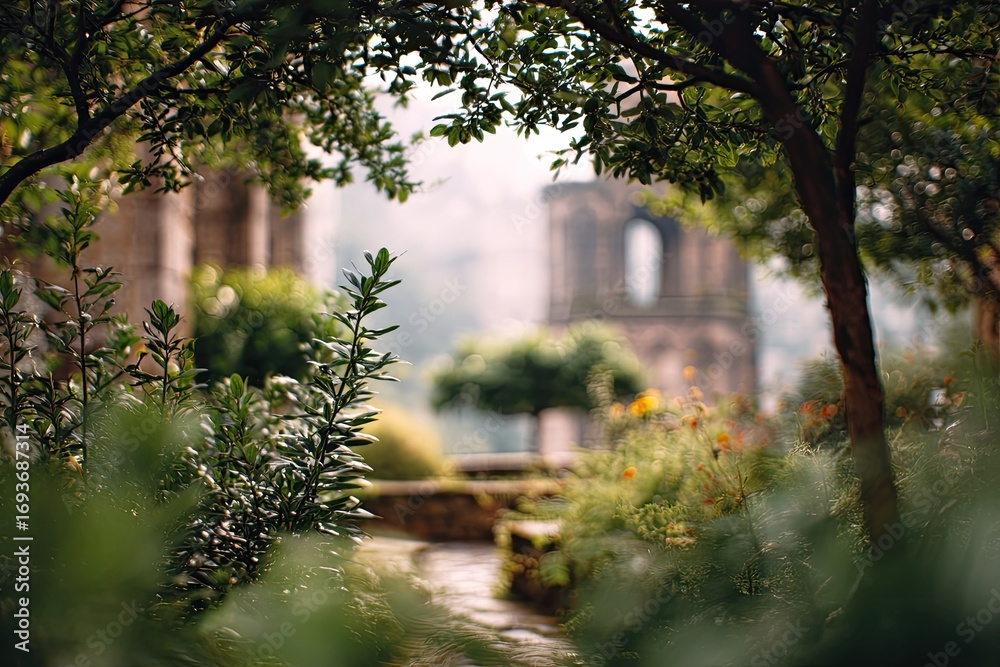 Obraz premium Garden path through trees, misty view