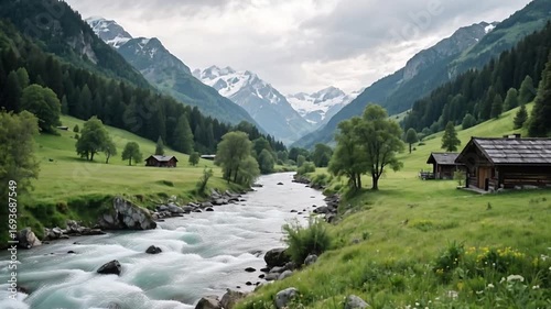 River Flowing Through Mountain Valley With Chalets