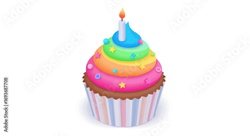 Festive Rainbow Swirl Cupcake with Lit Candle and Sprinkles.