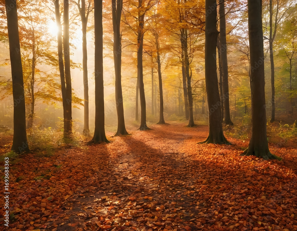 Fototapeta premium Autumn trees and mist in woodland at sunrise.