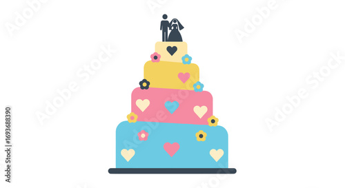 Colorful four-tiered wedding cake illustration with a bride and groom topper and heart decorations.