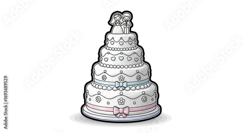 Elegant multi-tiered wedding cake illustration with a bride and groom topper and decorative frosting.