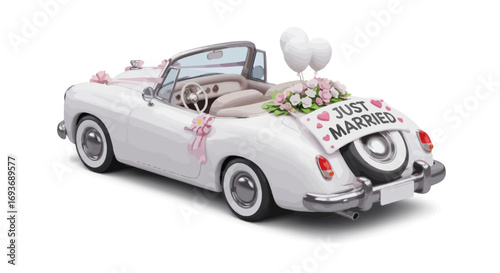 Classic White Convertible Wedding Car Decorated with Flowers and Balloons.