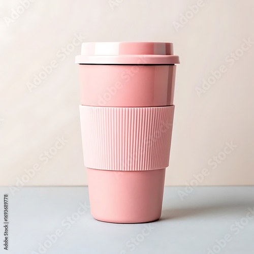 Aesthetic close up of a pink reusable coffee cup with a lid and textured grip on a neutral background